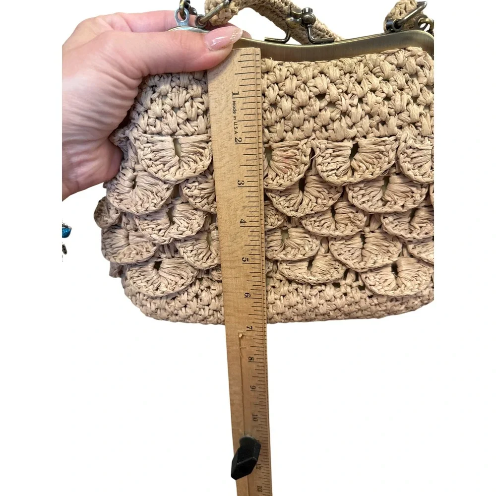 Patricia Nash Straw Frame Bag Women Tan‎ Crochet Tiered Kiss Lock Crossbody